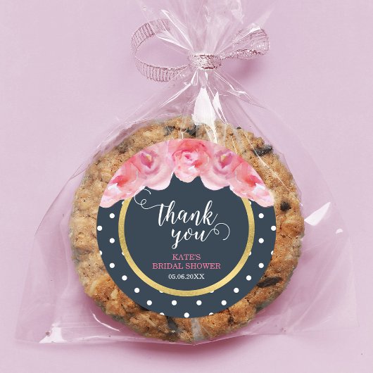 ピンクローズブルーホワイト水玉模様サンキュー ラウンドシール