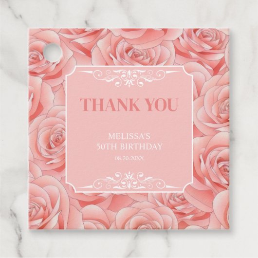 ピンクローズブロッサムフローラ誕生日サンキュー フェイバータグ (正面)