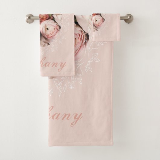 ピンクローズブーケエレガントヴィンテージ名モノグラム バスタオルセット (インサイチュ)