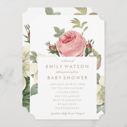 ピンクローズブーケフラワーベビーシャワー招待状 招待状 (正面/裏面)