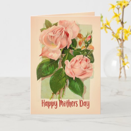 ピンクローズブーケヴィンテージハッピーマザーズデイ カード (黄色い花)