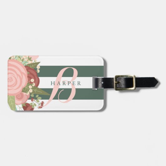 ピンクローズブーケ&グリーンストライプ名前をカスタムする ラゲッジタグ (正面横)