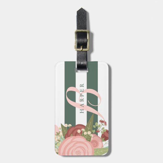 ピンクローズブーケ&グリーンストライプ名前をカスタムする ラゲッジタグ (正面縦)