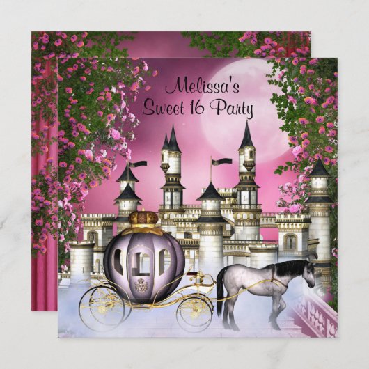 ピンクローズプリンセススウィート16バースデーパーティー 招待状 (正面/裏面)