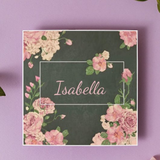ピンクローズプリントパーソナライズされた名 タイル