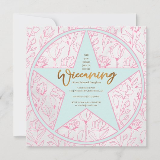 ピンクローズベビーガールウィッカニング命名式 招待状 (正面)