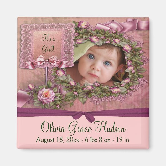 ピンクローズベビーガールフォト誕生マグネット マグネット (正面)