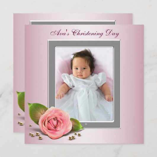 ピンクローズベビーガールフォト《キリスト教》洗礼式や命名式 招待状 (正面/裏面)