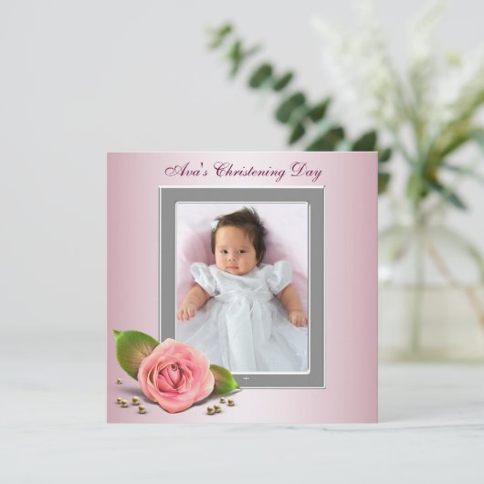 ピンクローズベビーガールフォト《キリスト教》洗礼式や命名式 招待状 (スタンド正面)