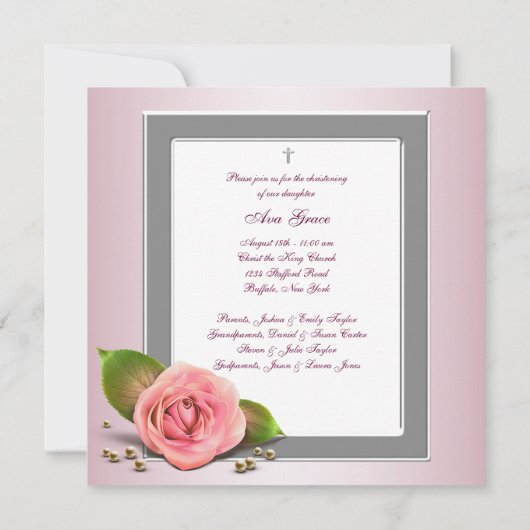 ピンクローズベビーガールフォト《キリスト教》洗礼式や命名式 招待状 (裏面)