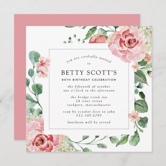 ピンクローズホワイトアジサイ80th誕生日パーティー 招待状 (正面/裏面)