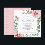 ピンクローズホワイトアジサイ80th誕生日パーティー 招待状<br><div class="desc">80歳かわいらしの誕生日パーティーへの招待。四角モダン形はピンクのバラと白いアジサイ飾の付いた植物体のフレームを特徴とする。美しい緑のユーカリ葉スバラの枝とオープンで風通しの良い雰囲気を作り出す。招待状バックは小さなダークピンクのハートとソフトピンクである。すべての文字が編集可能。文房具やパーティー用品の調整が可能。</div>