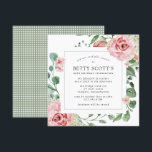 ピンクローズホワイトアジサイ80th誕生日パーティー 招待状<br><div class="desc">80歳かわいらしの誕生日パーティーへの招待。四角モダン形はピンクのバラと白いアジサイ飾の付いた植物体のフレームを特徴とする。美しい緑のユーカリ葉スバラの枝とオープンで風通しの良い雰囲気を作り出す。招待状バック素朴な緑と白のチェック格子柄。すべての文字が編集可能。文房具やパーティー用品の調整が可能。</div>