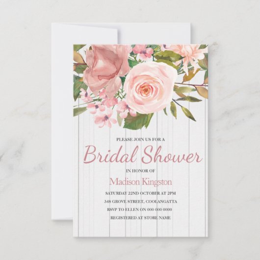 ピンクローズホワイトウッドブライダルシャワー招待状 招待状 (正面)