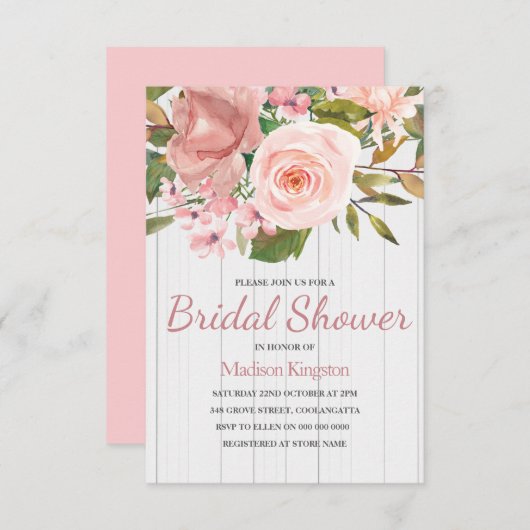 ピンクローズホワイトウッドブライダルシャワー招待状 招待状 (正面/裏面)