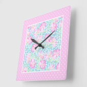 ピンクローズホワイト蝶ポリカスウォールクロック スクエア壁時計 (傾斜)