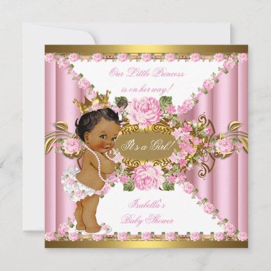 ピンクローズホワイト金ゴールドプリンセスベビーシャワーエスニック 招待状 (正面)