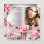 ピンクローズボウフォトファブラスシルバー誕生日 招待状 (正面/裏面)