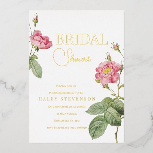ピンクローズボタニカルフローラシックブライダルシャワー 箔招待状 (正面)