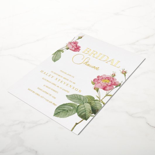 ピンクローズボタニカルフローラシックブライダルシャワー 箔招待状 (回転した状態)