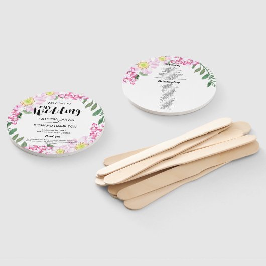 ピンクローズボホフローラウォーター色結婚式 プログラム ハンドファン (組立なし)