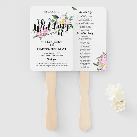 ピンクローズボホフローラウォーター色結婚式 プログラム ハンドファン (正面&裏面)