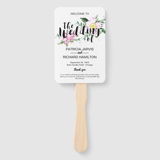 ピンクローズボホフローラウォーター色結婚式 プログラム ハンドファン (正面)