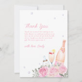 ピンクローズポピンシャンパーニュボトルベビーシャワー サンキューカード (正面)