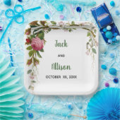 ピンクローズミニマルフローラグリーンリーフ ペーパープレート (パーティー)