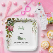 ピンクローズミニマルフローラグリーンリーフ ペーパープレート (パーティー)