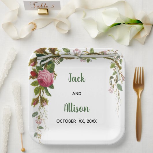 ピンクローズミニマルフローラグリーンリーフ ペーパープレート (ウェディング)