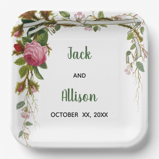 ピンクローズミニマルフローラグリーンリーフ ペーパープレート (正面)