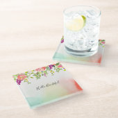 ピンクローズミントイエロー赤面絞り染めフローラ ガラスコースター (アングル)