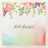 ピンクローズミントイエロー赤面絞り染めフローラ ガラスコースター (正面)