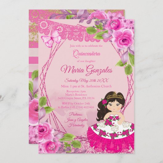 ピンクローズメキシコチャラキンセアニェラ招待状 招待状 (正面/裏面)