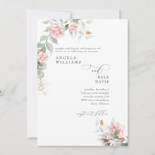 ピンクローズユーカリプタス結婚式招待状 招待状 (正面)