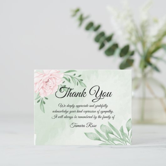 ピンクローズユーカリプタス葬式ありがとうご注意 サンキューカード (スタンド正面)