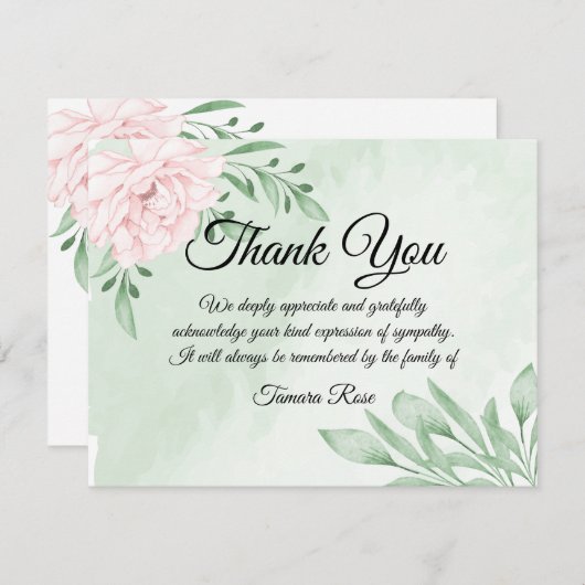 ピンクローズユーカリプタス葬式ありがとうご注意 サンキューカード (正面/裏面)