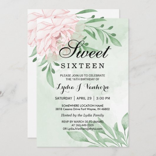 ピンクローズユーカリプトゥス葉甘い16誕生日 招待状 (正面/裏面)