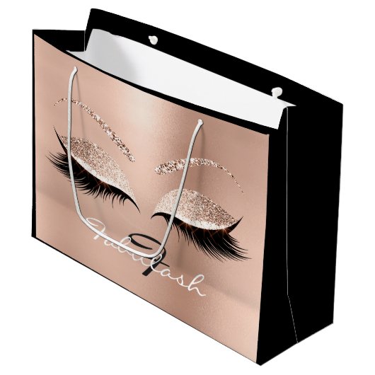 ピンクローズラッシュ赤面メイクアップグリッター名モノグラム ラージペーパーバッグ (正面アングル)