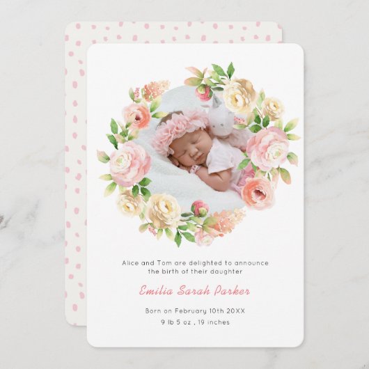 ピンクローズラベンダーリース |エレガントフローラ誕生 案内状 (正面/裏面)