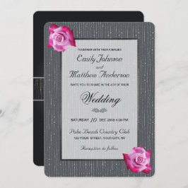 ピンクローズリボンシルバーグロー結婚式招待状 招待状