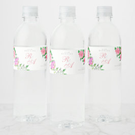 ピンクローズリボンモノグラム結婚ズ ペットボトルラベル
