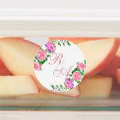 ピンクローズリボンモノグラム結婚式招待状 ラベル (貼付)