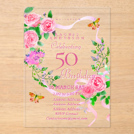 ピンクローズリボン誕生日招待状 アクリル招待状