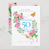 ピンクローズリボン誕生日招待状 シーズンカード (正面/裏面)