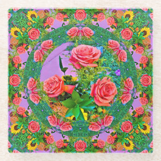 ピンクローズリングや輪 ガラスコースター