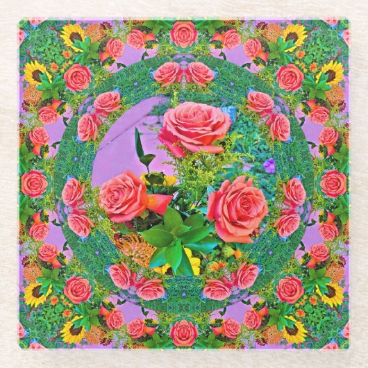 ピンクローズリングや輪 ガラスコースター (正面)