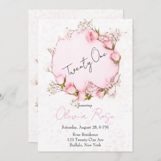 ピンクローズリースシック21st誕生日パーティー 招待状 (正面/裏面)