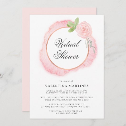 ピンクローズリースバーチャルブライダルベビーシャワー 招待状 (正面/裏面)